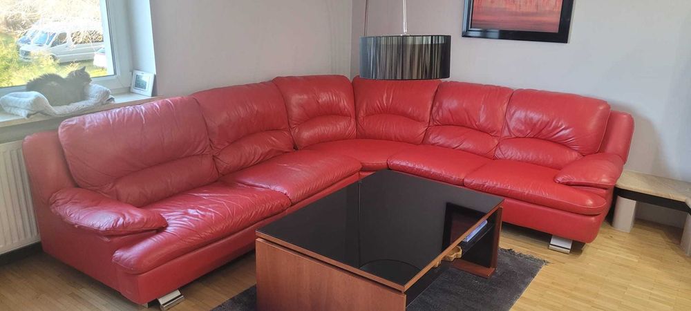 Skórzany wypoczynek, narożnik + pufa