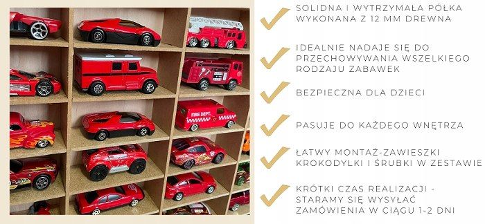 PIONOWA półka drewniana na resoraki HOT WHEELS na 56 autek