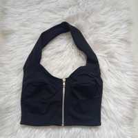 Czarny crop top na suwak true vintage bluzka krótka elastyczna S