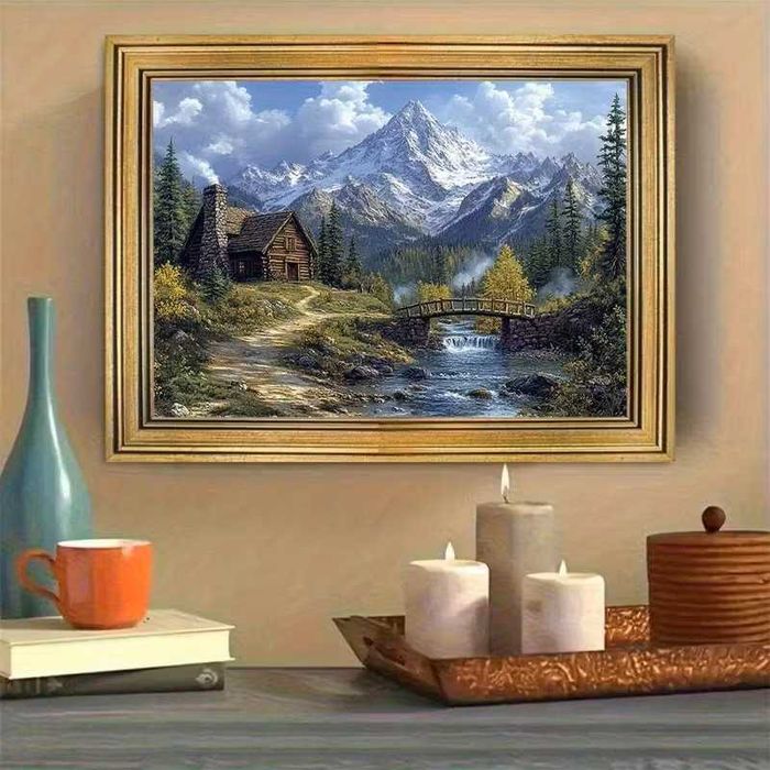 Vintage Złote Ramki na Płótnie - Spokojna Chatka z Drewna