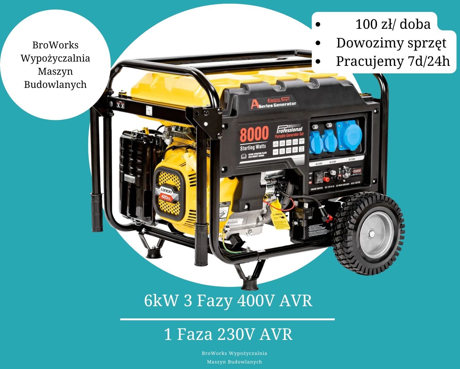 Agregat Prądotwórczy 6kW 400V/230v 3 Fazy Dowozimy 24h/7dni Wynajem