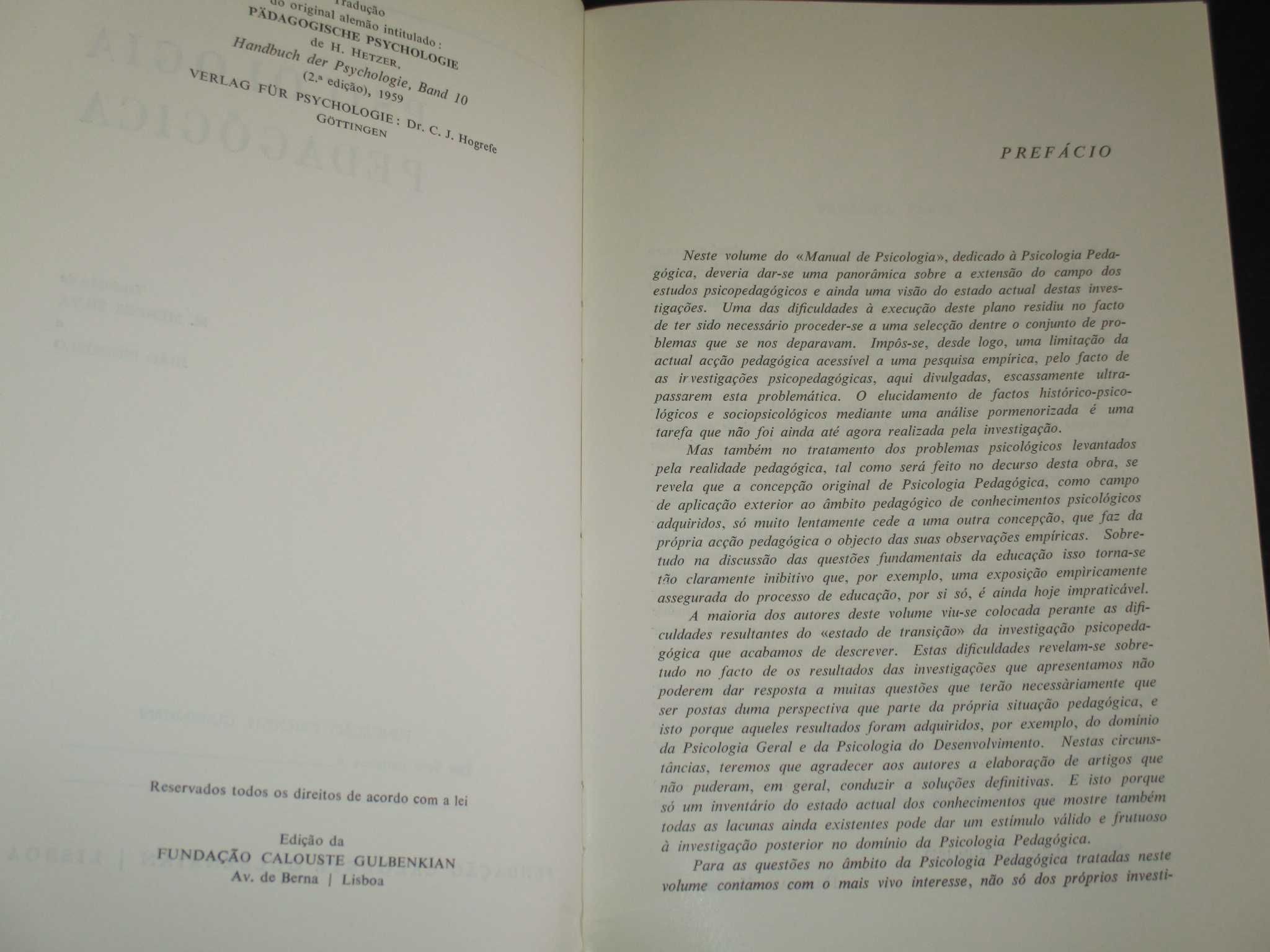 Livro Psicologia Pedagógica Hildegard Hetzer Gulbenkian