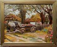 Obraz olejny w złotej ramie 47x57 cm "Chaty  zaprzęgiem"