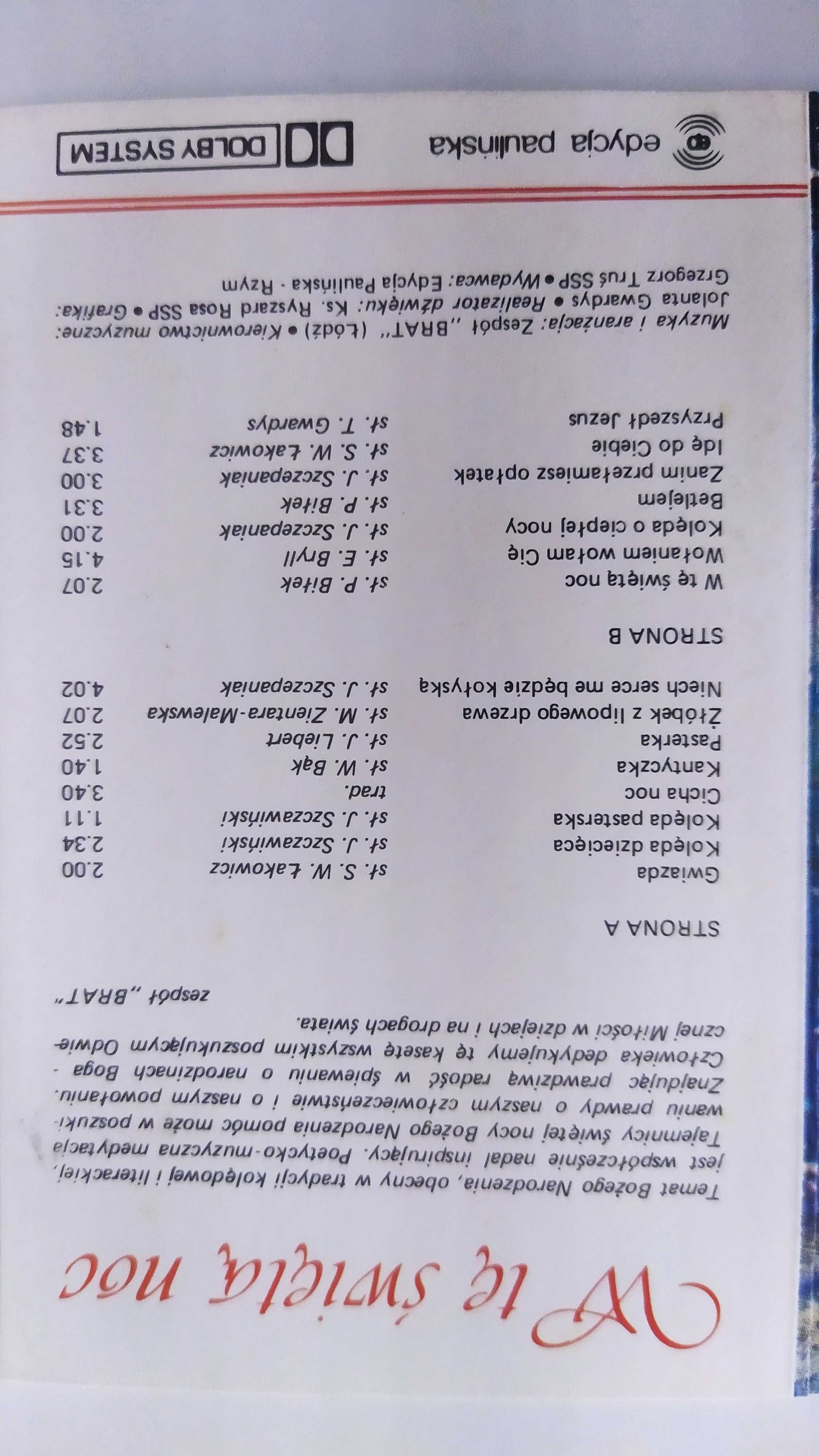 Kolędy W tę Świętą NOC zespół BRAT kaseta MC