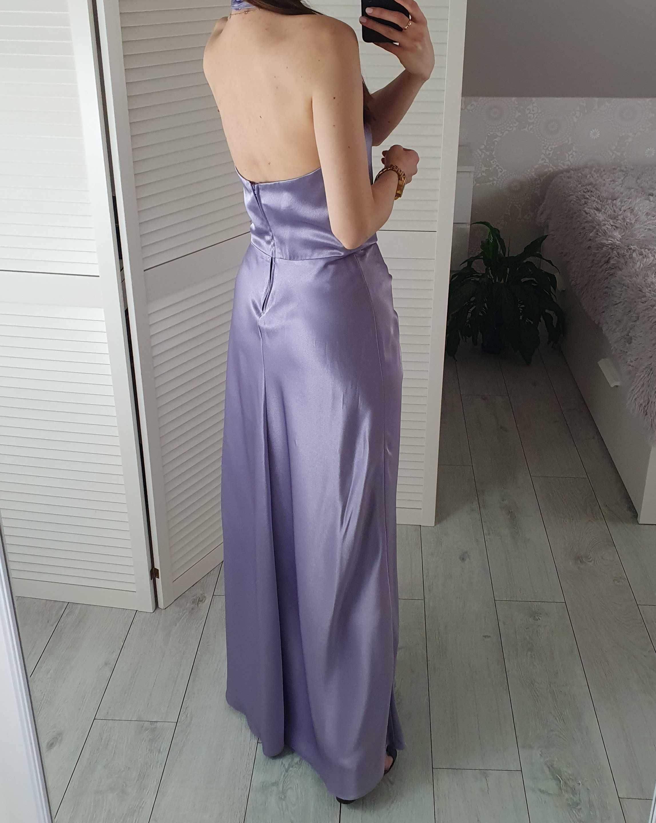 Aspeed fioletowa satynowa sukienka maxi długa z gołymi plecami S