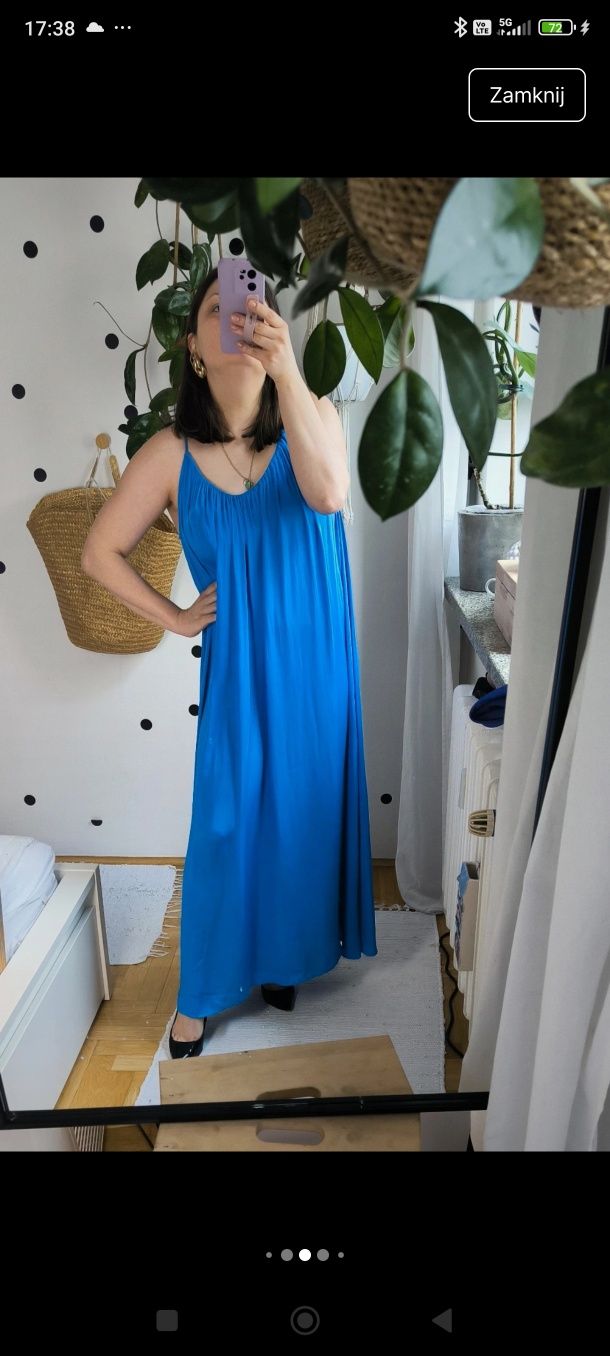 Xl/xxl długa maxi do ziemi niebieska kobaltowa satynowa luźna rozklosz