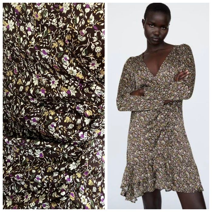 ZARA S śliczna brązowa krótka sukienka mini w kwiaty kwiatuszki