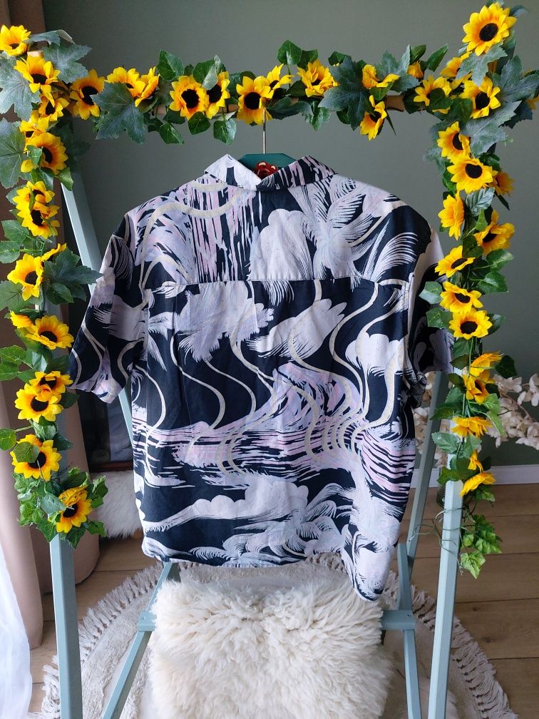 koszula męska H&M L wzory kwiaty liście len tropical linen