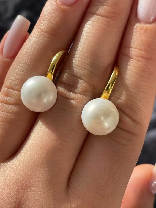 Серьги с белым жемчугом 12 мм, серебро 925 пробы, позолота 18 карат