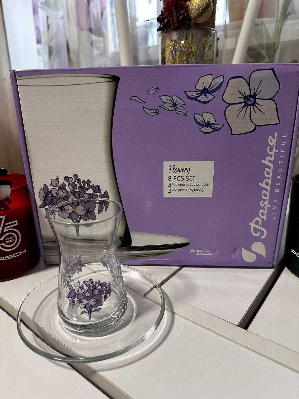 турецькі стакани  з фіолетовий квітковим малюнком, набір на 4 персони