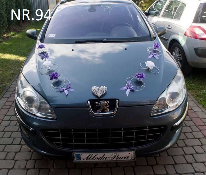 Dekoracja samochodu na samochód do ślubu FIOLETOWO-BIAŁA 094
