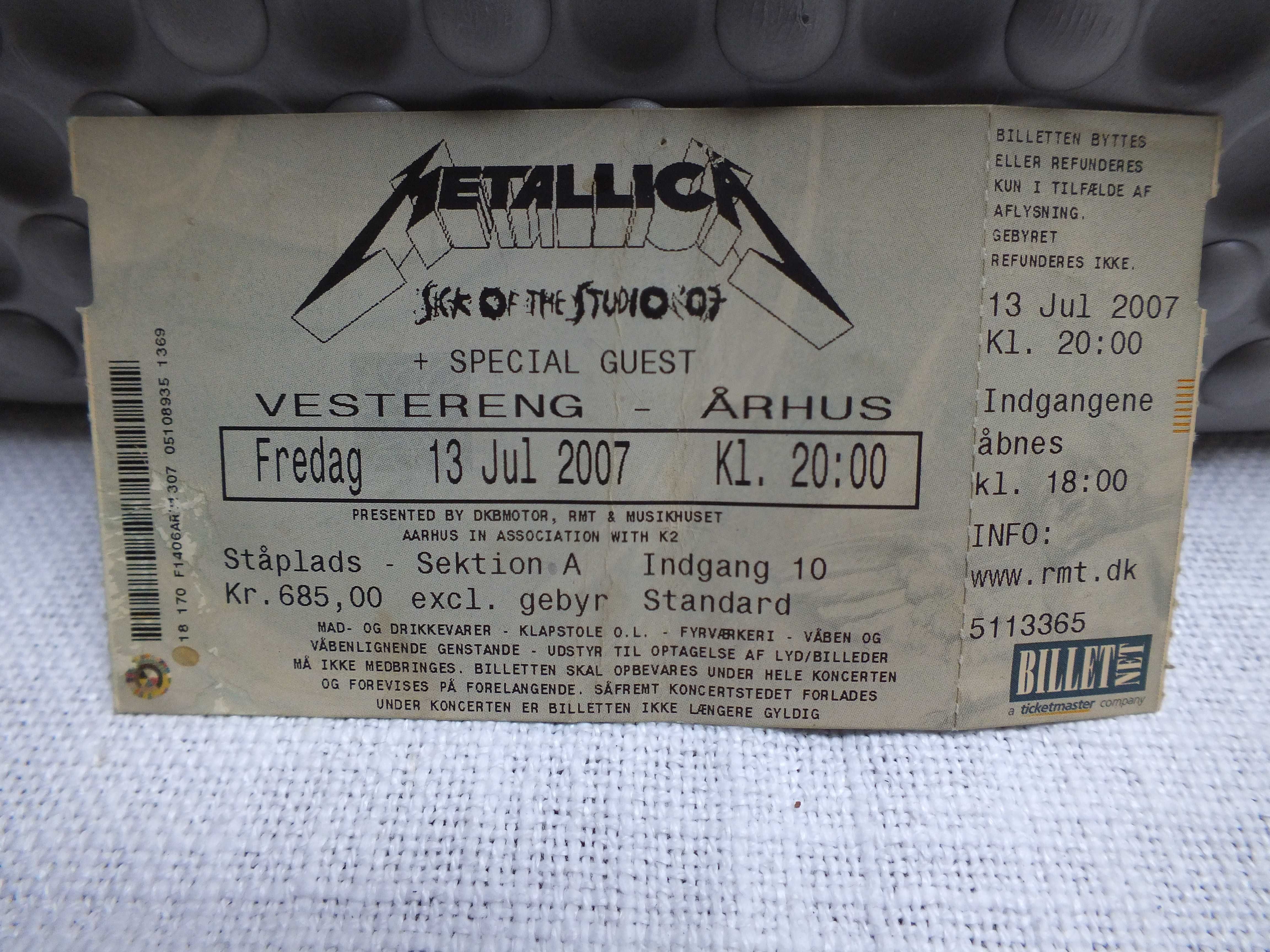 Kolekcjonerski bilet na koncert zespołu METALICA z  Arhus  23.JUL 2007