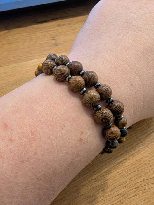 Męska bransoletka sznurkowa z drewna Wenge, Hematytu, Tygrysie oko