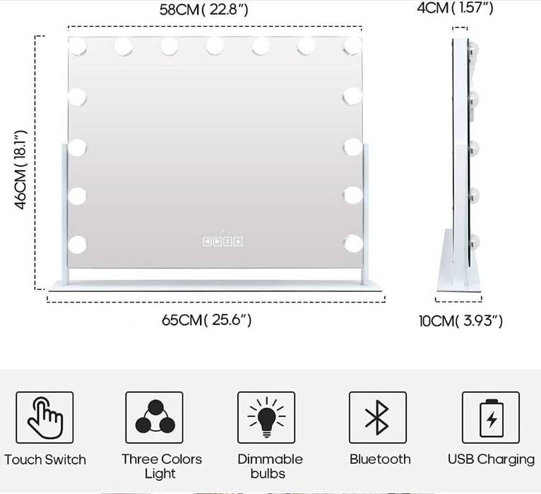 FENCHILIN Lusterko do makijażu oświetlenie USB Bluetooth 15 diod LED