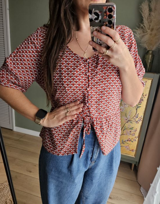 Bluzka damska  z krótkim rękawem baskinką  boho styl retro