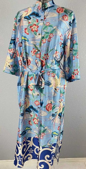 Zara Koszulowa Kimono z ptakami, kwiatami, orientalny pint XL