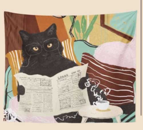 Gobelin ścienny kot czytający gazetę