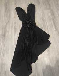 czarna sukienka asymetryczna z odkrytymi plecami
