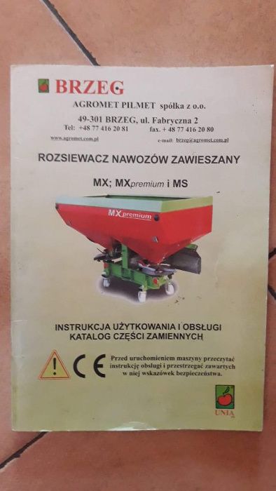 Tabela wysiewu, Instrukcja, Rozsiewacz Unia Brzeg MX, MX Premium, MS