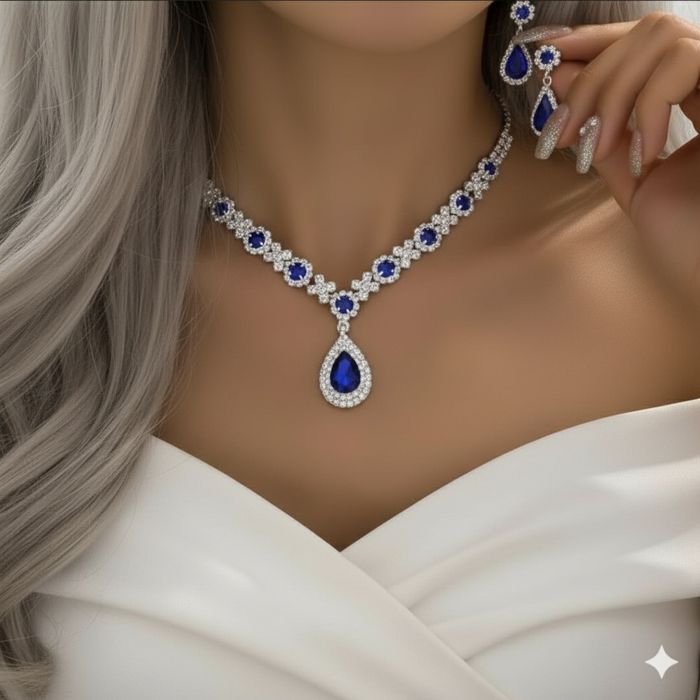 Komplet zestaw naszyjnik z kryształami kropla wody kolczyki niebieski