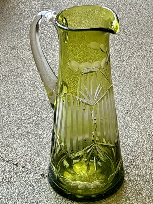 Kryształowy Dzbanek Huta Hortensja lazurowany na limonkowo zielony PRL