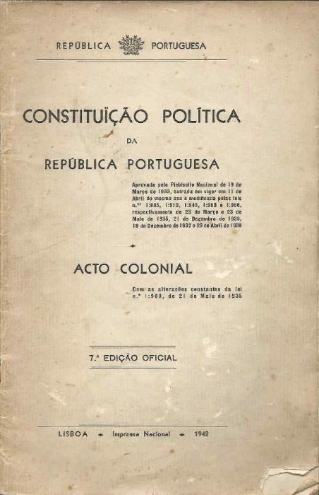 Constituição política da República Portuguesa – Acto Colonial