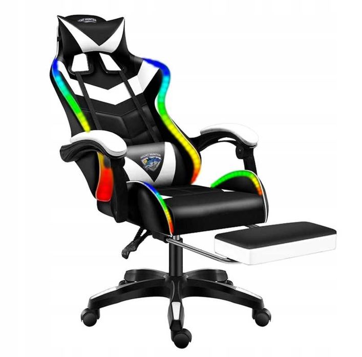 NOWY Fotel LED Z Masażem Pleców Gaming Komputerowy Obrotowy+podnóżek!