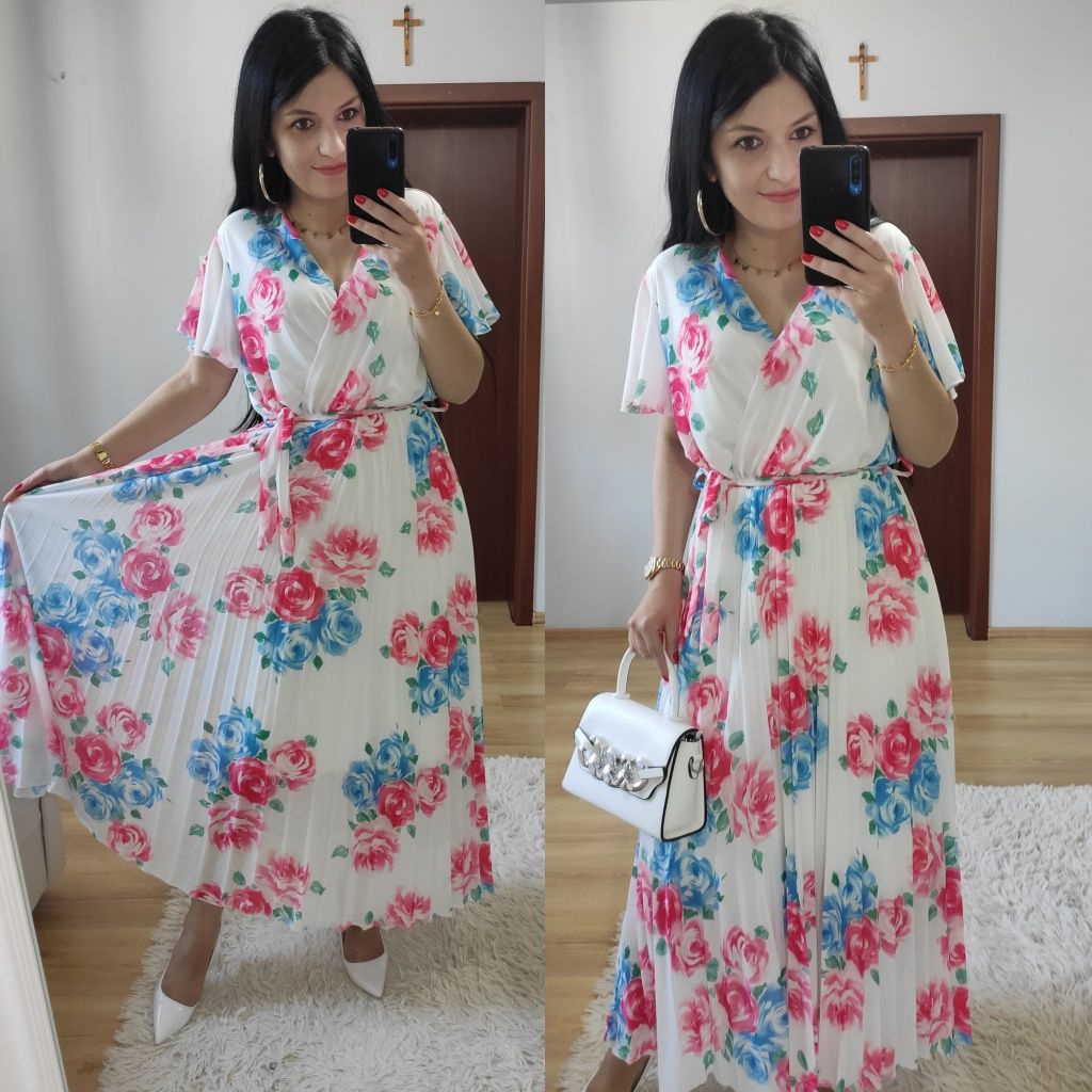 Sukienka długa maxi w kwiaty plisowany dół wesele komunia chrzest