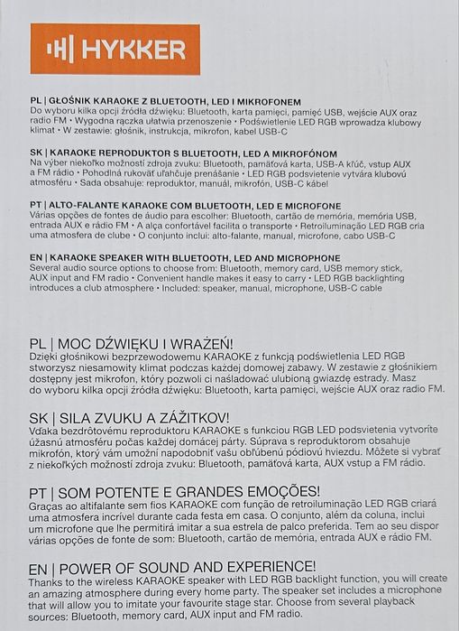 HYKKER głośnik bezprzewodowy Karaoke Bluetooth LED z mikrofonem