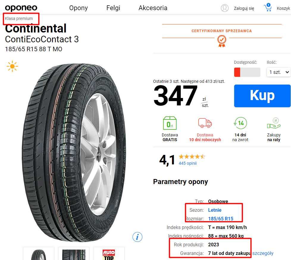 Opony letnie 185/65 R15 Continental ContiEcoContact3 PÓŁ DARMO