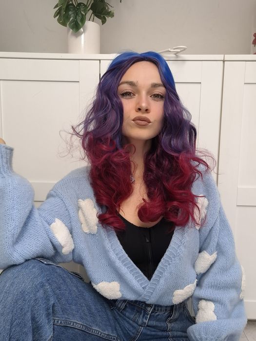 Niebieska fioletowa różowa peruka wig z grzywką premium blue pink