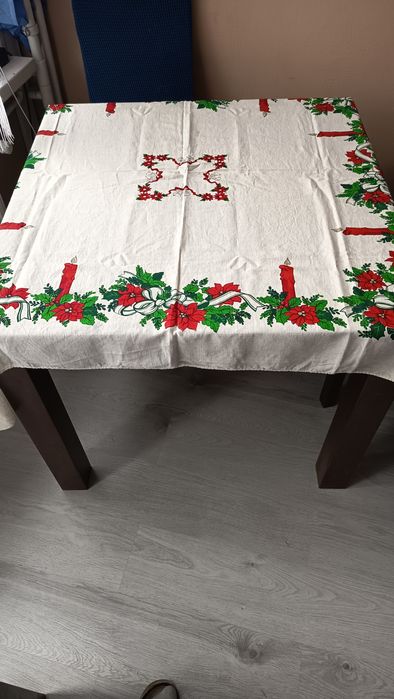 Vintage Obrus lniany 120x140 ze świątecznym motywem