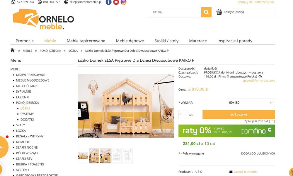 Łóżko piętrowe 80x180 z drewna + 2 materace