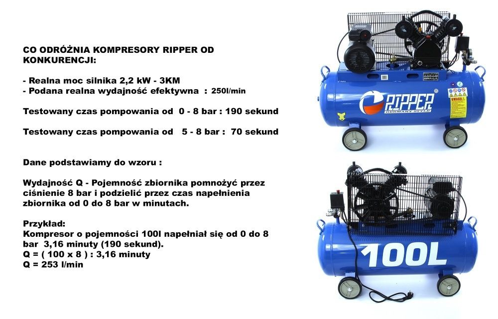 Kompresor olejowy sprężarka 100L RIPPER + odwadniacz i wąż 10m