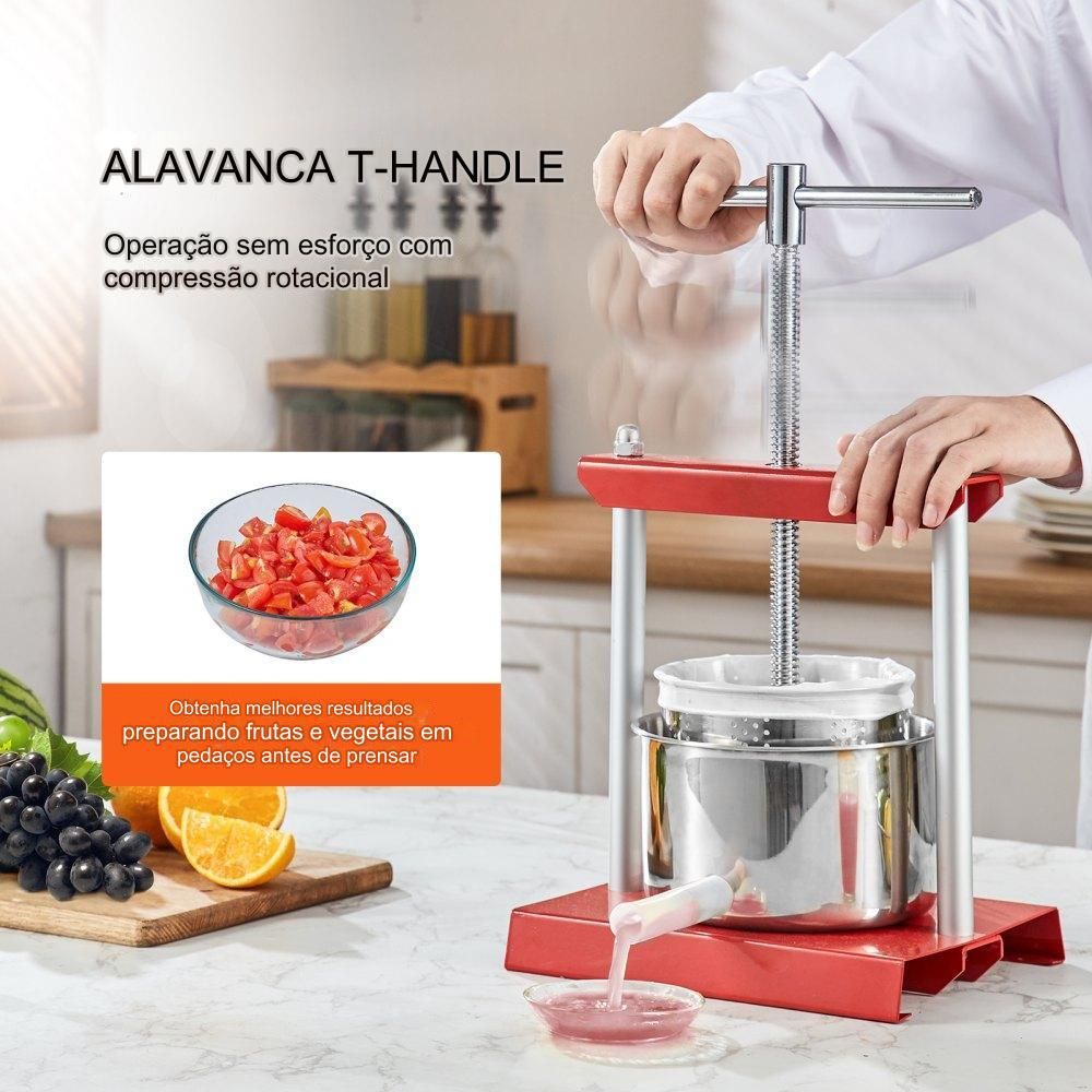 Prensa de Frutas Manual em Aço Inoxidável (3L, T-Grip)