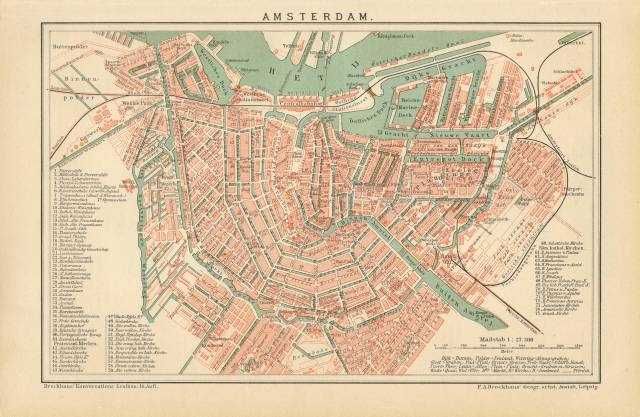 Amsterdam  stary, oryginalny XIX w. plan miasta