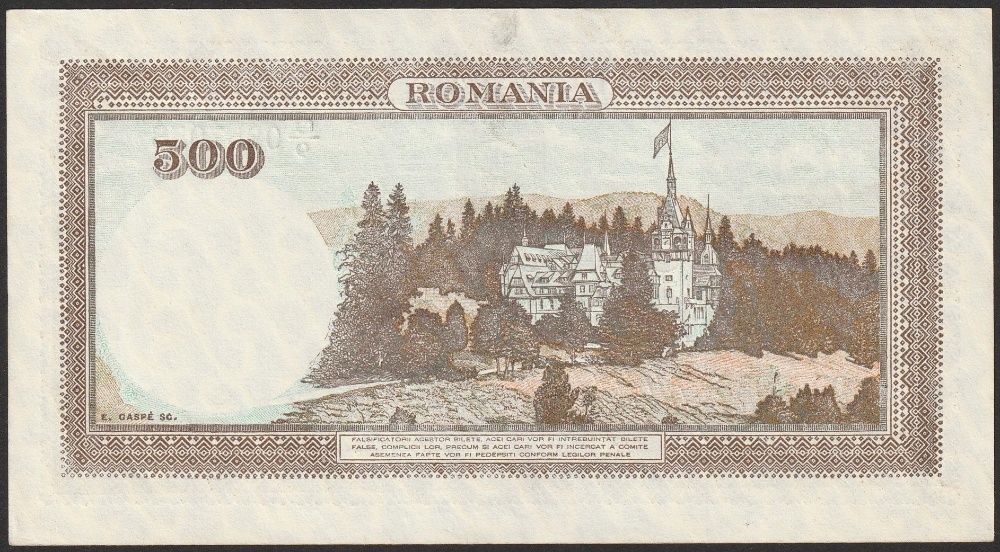 Rumunia 500 lei 1941 - O/9 - stan bankowy - UNC -