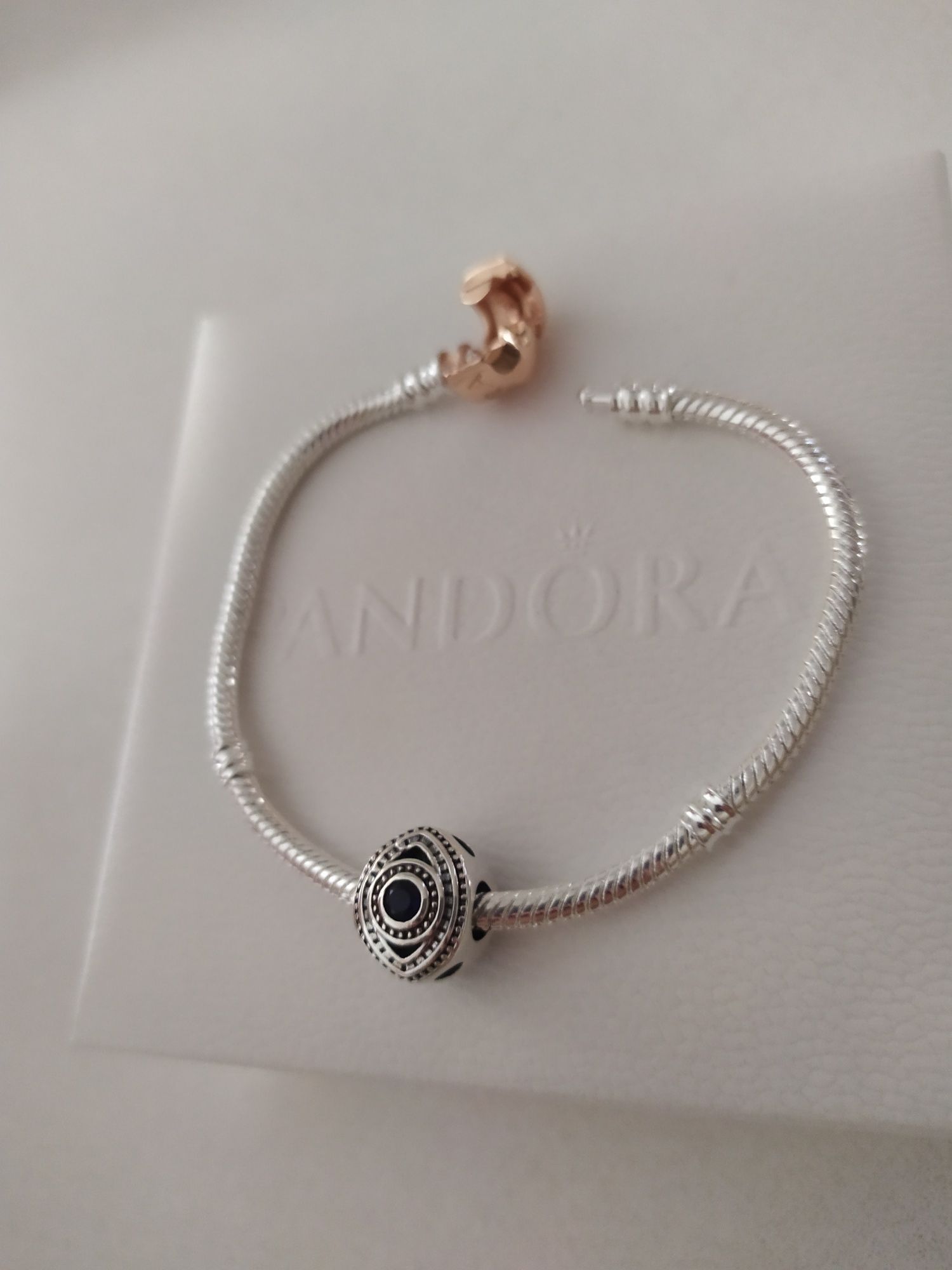 Bransoletka Pandora ALE S925 + charms oko, NOWY komplet