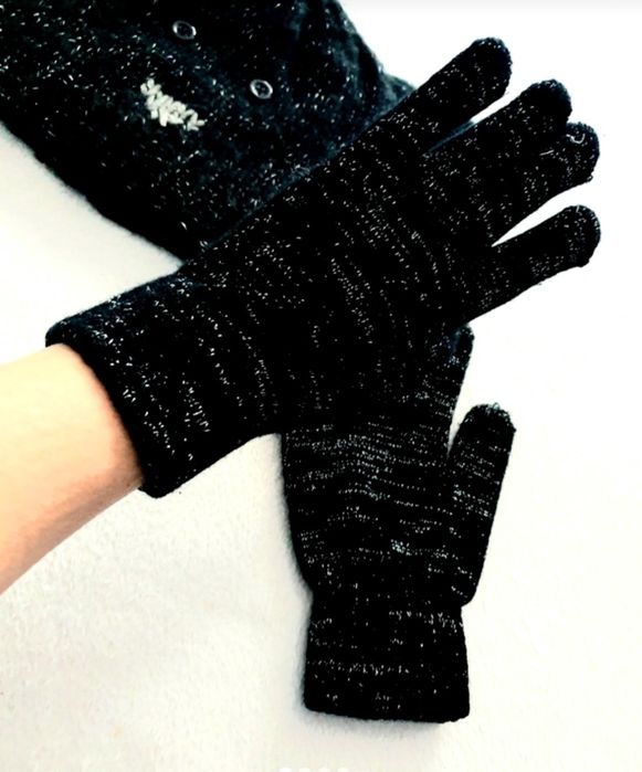 Czarne damskie rękawiczki ze srebrnem jesień zima
