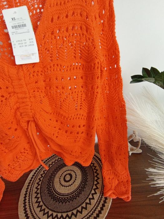 Pomarańczowy ażurowy sweterek ze ściągaczem na lato XS S nowy