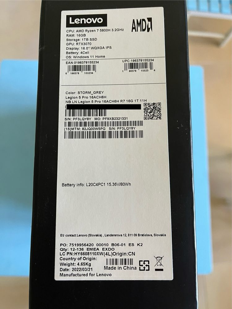 Lenovo Legion 5 Pro - RTX 3070/Ryzen 7/16GB RAM/ 1TB SSD