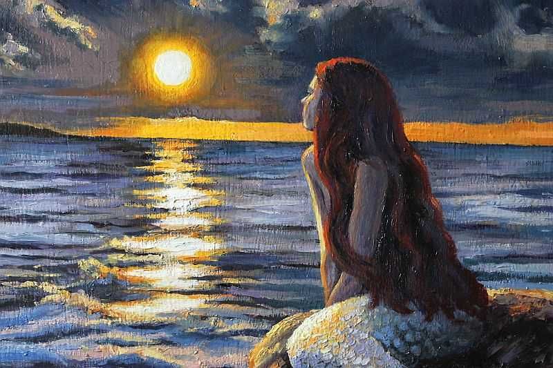 obraz olejny syrena zachód słońca fantasy 67x47,5 cm