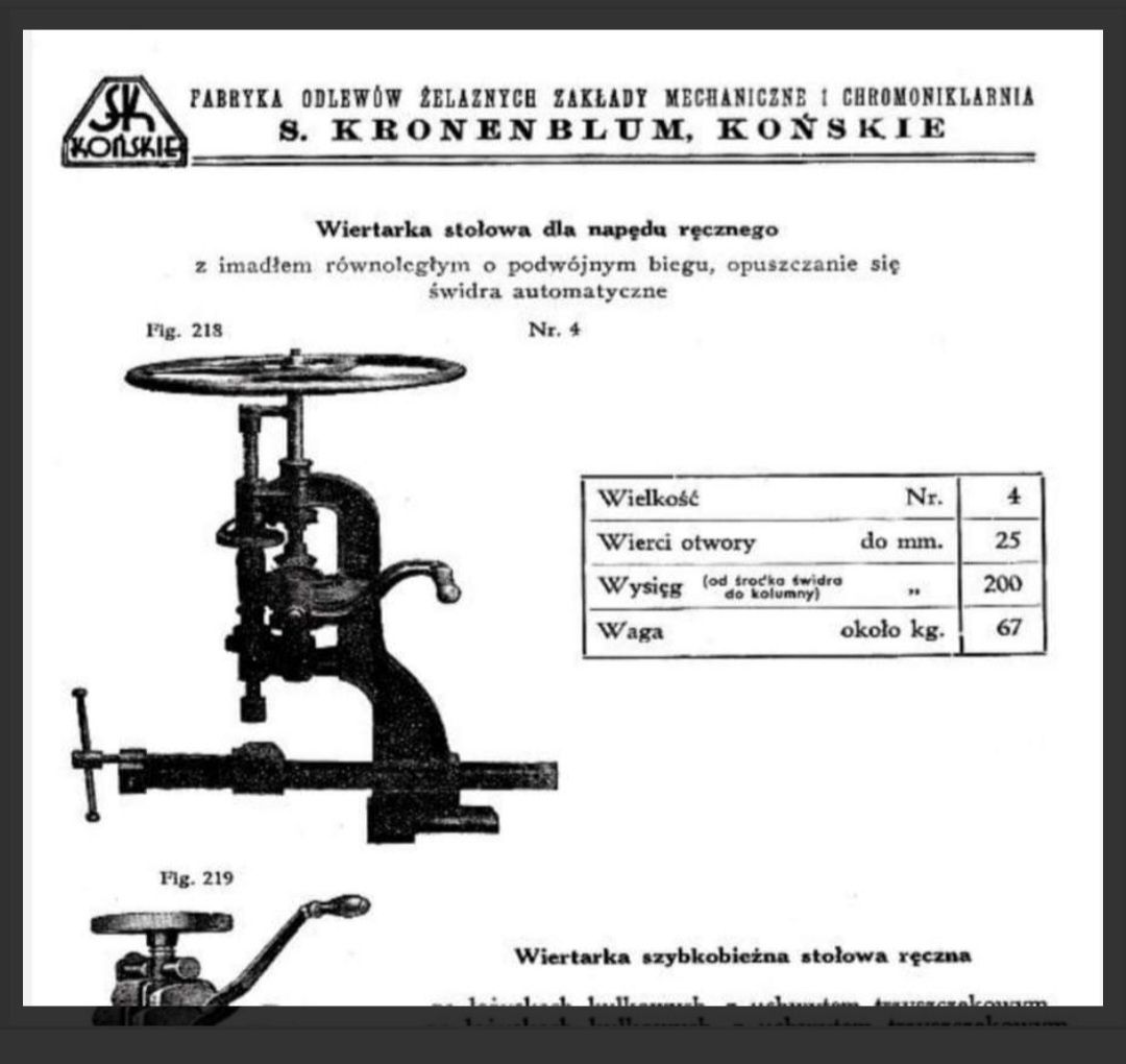 Stara przedwojenna wiertarka Kowalska S. Kronenblum Końskie