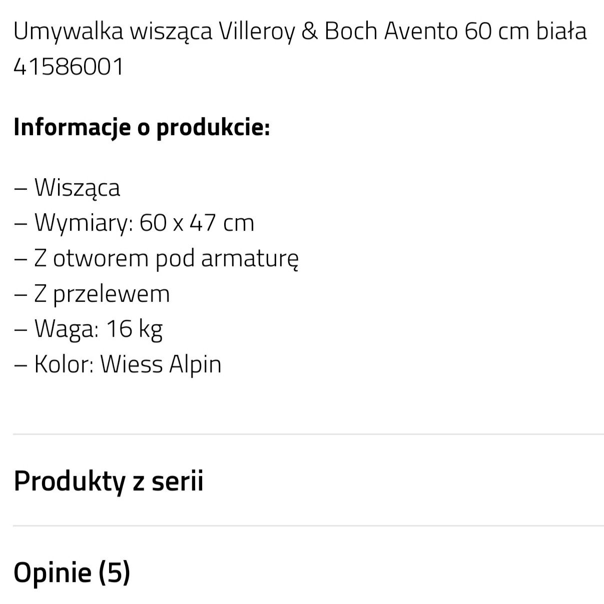 Umywalka AVENTO- Villeroy & Boch z oryginalnym korkiem