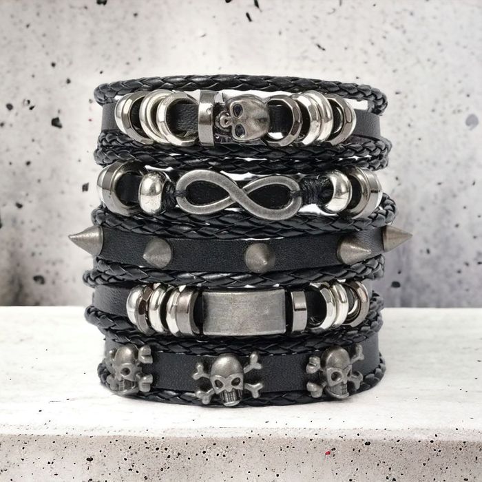 Браслет кожаный плетеный браслет с черепами для мужчин