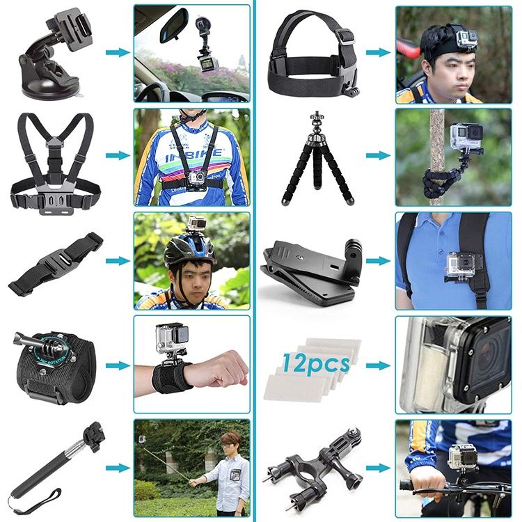 Kit DE 50 acessórios para gopro 11, 10, 9, 8, 7, 6, 5, 4, e similares