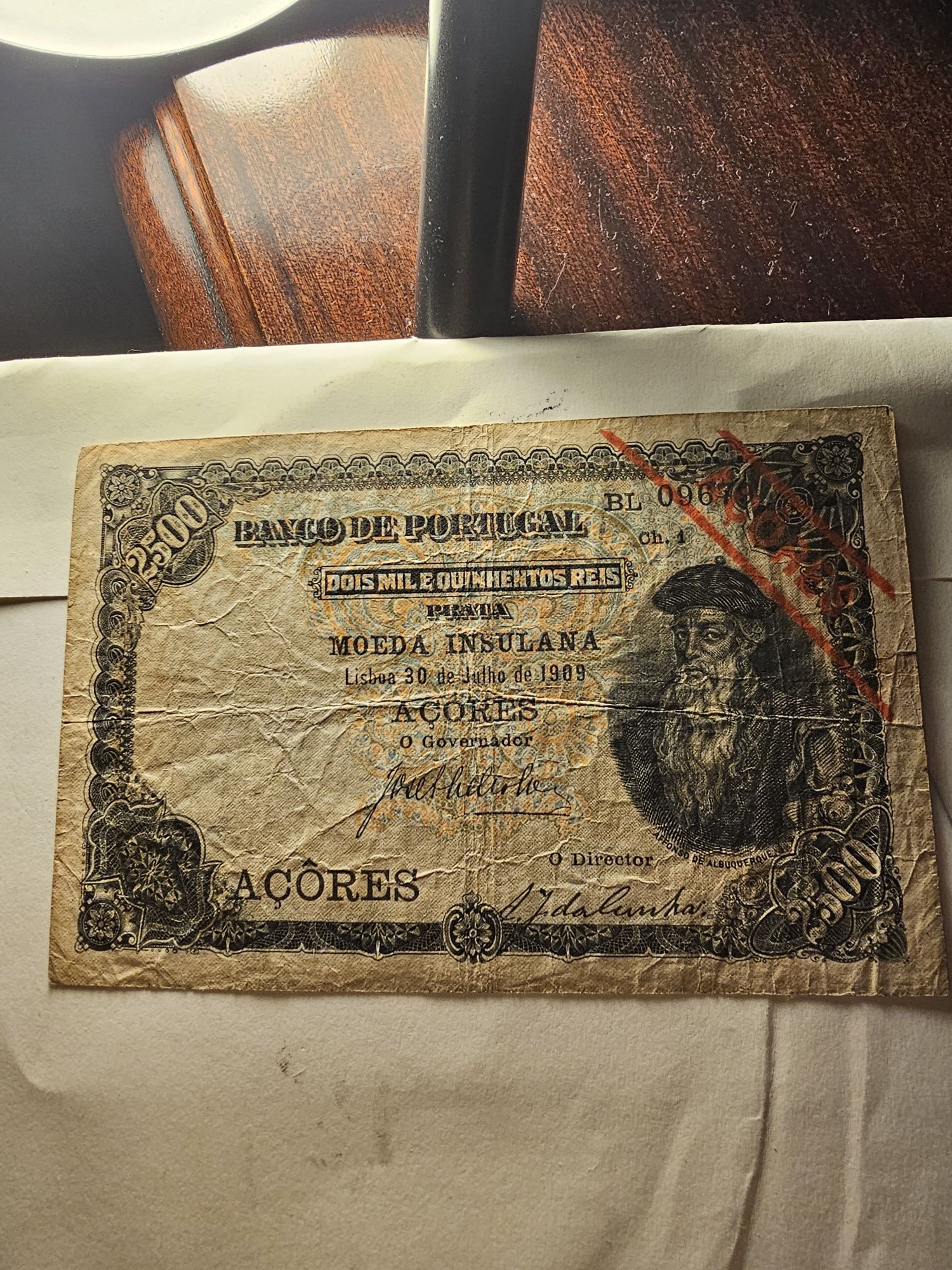 Nota 2500 Reis 1909 P-8 Açores