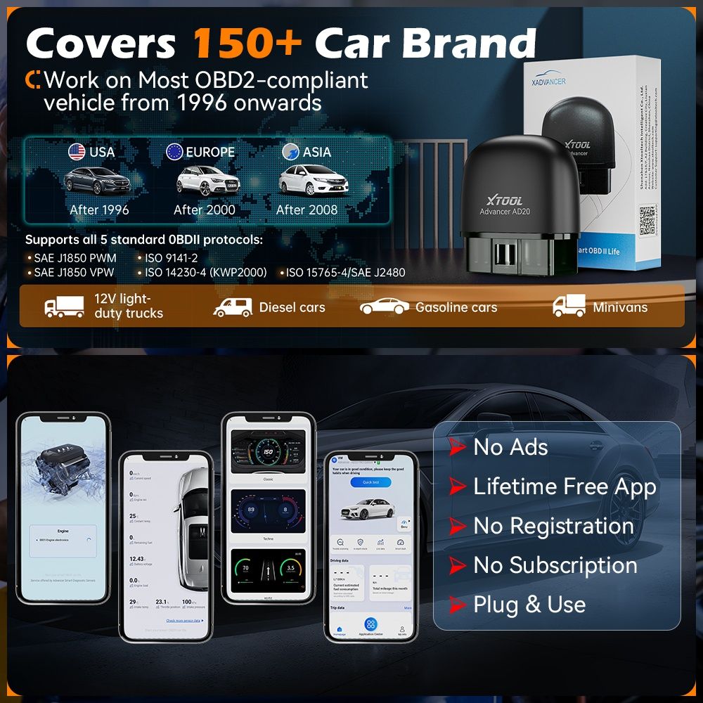 Діагностичний автосканер XTOOL AD20 OBD2 з Bluetooth 5.0 IOS Android