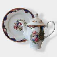 Conjunto: Cafeteira e Prato de Porcelana de Limoges (Disfer)