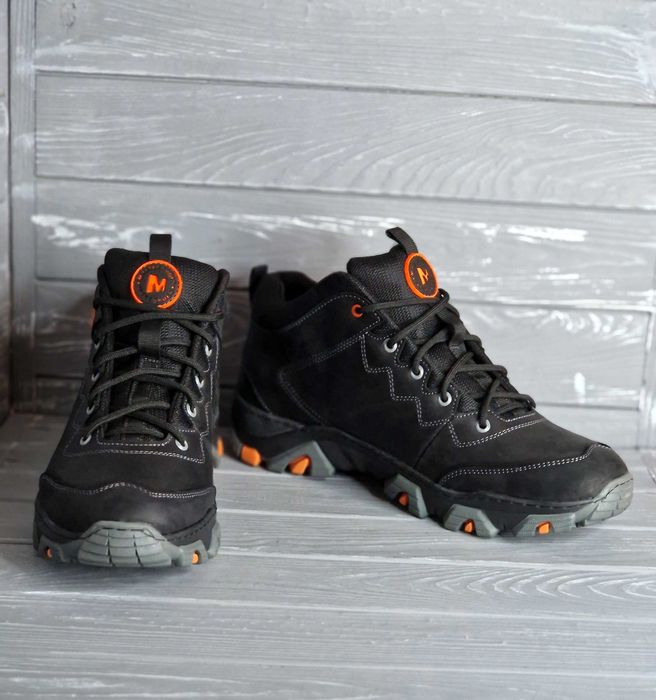 46-48р Кожаные прошитые черные мужские зимние ботинки кроссовки баталы